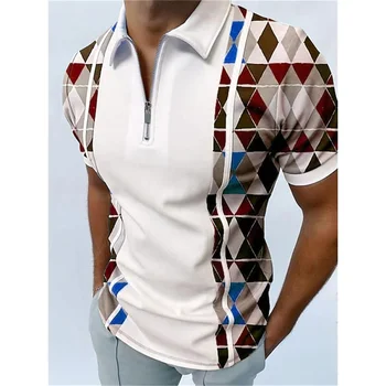 Мъжка риза с къси ръкави за голф с 3D принтом в геометрична доп клетка, Къс ръкав, мъжки връхни облекла с цип с ревери, Комфорт