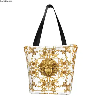 Изработени по поръчка в Луксозна Холщовая Пазарска чанта с Изображение на Медуза, под формата на Златното Цвете, Дамски Моющаяся Чанта за пазаруване в Гръцкия Мит