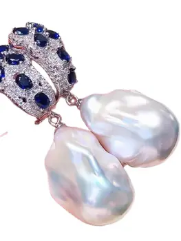 Обеци от сребро S925 проба с естествени перли в бароков стил, с неправилна форма от южно МОРЕ