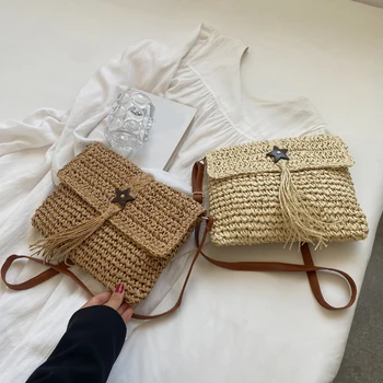 Модни и Ежедневни Сламена чанта-месинджър с пискюли и звездите, лятна плажна чанта ръчна изработка