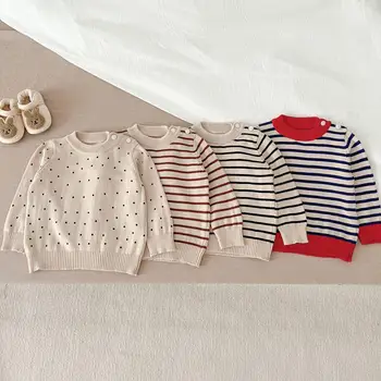 Есенен Детски Вязаный Случайни пуловер на точки за момичета, Шарени долната риза с дълги ръкави За Новородени момчета, Памучни блузи за новородени