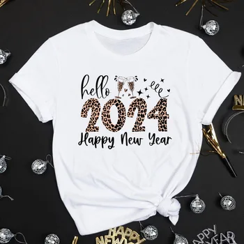 Женска тениска с принтом Здравей 2024, честита Нова Година, Вечерни Дамски Облекла, Потници, Тениски с къс ръкав, Блузи за момичета на едро