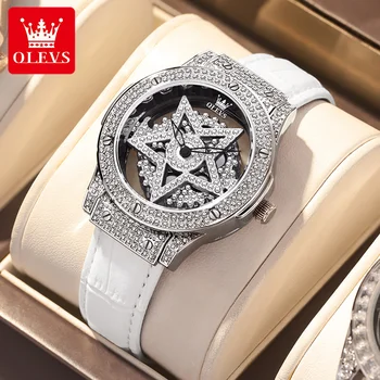 Луксозни дамски ръчни часовници OLEVS, водоустойчиви дамски кварцови часовници с диаманти, модерен дамски часовник с каишка от естествена кожа