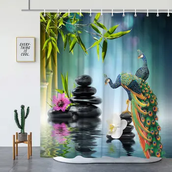 Завеси за душ Дзен Красив Паун Спа Зелен Бамбук Каменно Цвете Воден Пейзаж Декор на банята душ Завеса за баня с куки