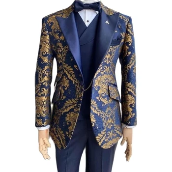 Мъжки сватбени смокинги с цветен модел, оборудвана тъмно синьо и златно Джентълменско сако с жилетка, панталони, Мъжки костюм от 3 теми