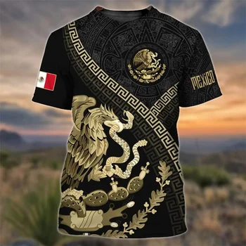 Мъжка тениска с принтом на Националното знаме на Мексико, модни тениски с 3D изображение на Орел, къс ръкав, тениска оверсайз за почивка, тениска с кръгло деколте, градинска облекло