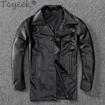 Tcyeek, Есенно-зимно яке от естествена кожа, мъжки дрехи, Черно мъжко палто от телешка кожа, ветровка средна дължина, бизнес и Ежедневни