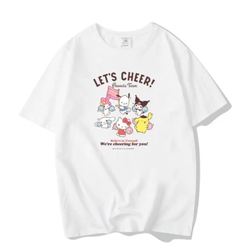 Sanrio Kawaii Аниме Hello Kitty Cinnamoroll Kuromi Дамски Памучни Тениски с къс ръкав Летни Сладки Мультяшные Свободни Студентски Върховете Подарък