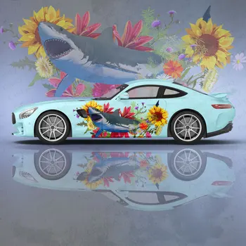 Стикер за автомобил кола с акула и цвете, Vinyl стикер на рамо колата стикер за автомобил, стикер за украса на автомобил, защитно фолио за кола
