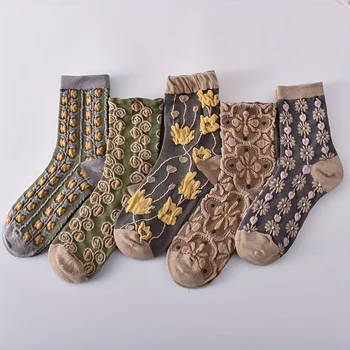 5 Двойки женските чорапи с 3D цветен текстура, чорапи в стил ретро-корт