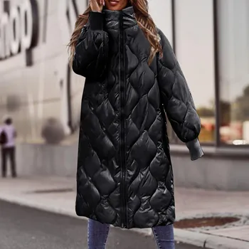 Жена однотонное гланцово пуховое палто със средна дължина, модерно яке с висока яка за зимата, зимни пухени палта, дамски найлонови дамски зимни