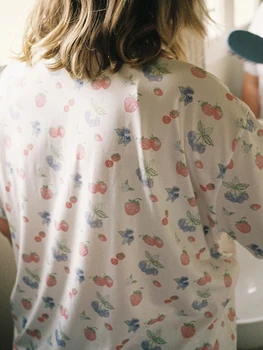 Дамски Пижамные комплекти с цветен модел, 2 броя, Риза с къс ръкав, потници и къси панталони с плодов принтом, Пижамный комплект за почивка