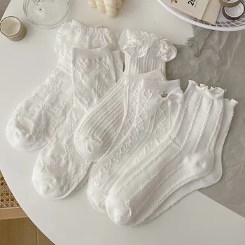 Бели дантелени чорапи в стил Лолита, Дамски памучни чорапи с лък във формата на сърце, Женски сладки чорапи JK, рокля на щиколотке Calcetin Медии