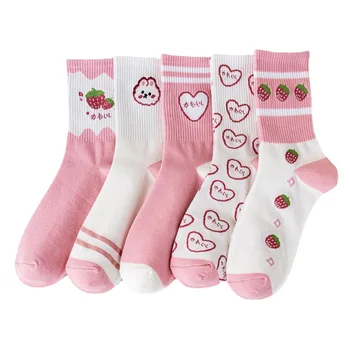 Дамски чорапи със средна тръба, Сладки Нови Чорапи, Розови Памучни чорапи, Трендови апликации ягоди чорапи Sweet Love Момиче, Кавайные чорапи