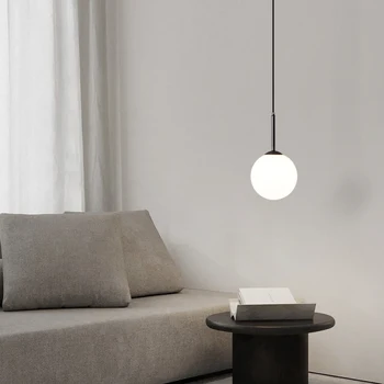 Сферична окачен лампа Регулируема дължина, проста модерен стъклен полилей, хол, спалня, задната стена, Трапезария, проход, черен