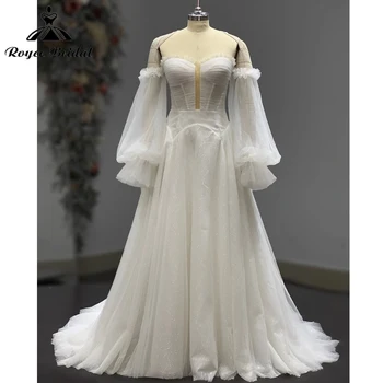 Романтично Преносимо Сватбена рокля с пищни ръкави от тюл, Сватбена рокля, Плисе Сватбени рокли Трапецовидна форма, Елегантна Сватбена рокля
