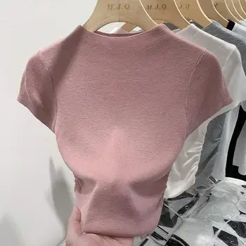 Летни потници тениски Ice Silk с имитация на шията, Женска тениска с къс ръкав, тънка основа, кратък монофонични най-годишният съкратен топ