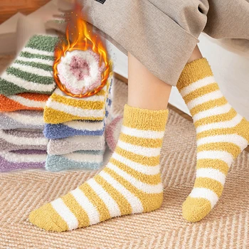 Топли зимни чорапи За жени и момичета, Дебели пухкави чорапи в ивица от коралов кадифе, Домашни кърпи за пола, Чорапи за сън, Дишащи чорапи