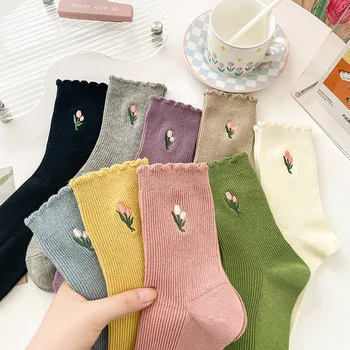 Дамски чорапи с цветна бродерия в японски стил, кавайные сладки чорапи с волани за момичета, бели, корейската мода, реколта високи чорапи в стил Харадзюку