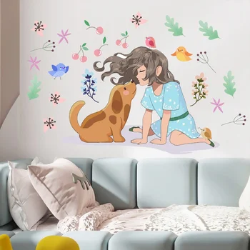 Мультяшная малко момиченце и едно куче, PVC мат стикер N1332, трансгранични декоративни стикери за стена за детска стая