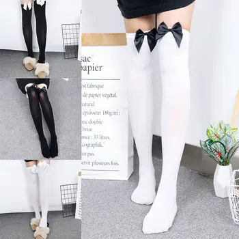 Чорапи за момичета, студентски, училищни Чорапи, Модни Секси Чорапи, Дамски ластични чорапи до бедрото, свързани с лък, Дамски Дълги чорапи над коляното