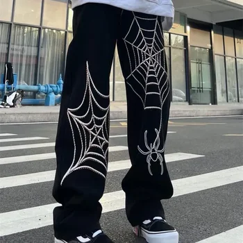 дънки 2022 нова висококачествена корейската версия на преки свободни широки панталони-паяк с принтом high street дълги панталони мъжки градинска облекло