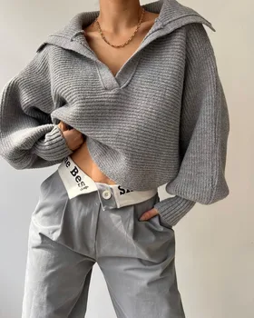 Жена вязаный пуловер с дълъг ръкав и V-образно деколте, пуловер, жилетка, Марка дамски дрехи, дамски блузи, големи размери, Мъжки пуловери флисовые