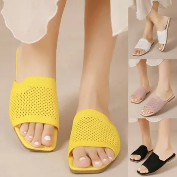 Модерен пролетно-летни дамски чехли на равна подметка, Лек окото дишащи и удобни дамски сандали с отворени пръсти 슬리퍼