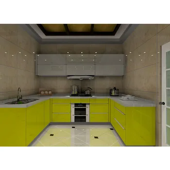 Русия, жълто-златисто-кафяв лак от МДФ, проектиране на сглобяема кухненски шкаф за интериора