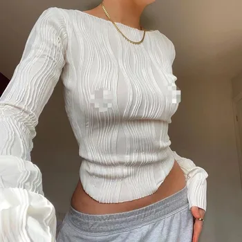 Бял монтиране пуловер, новост есента 2023, OL стил, колаж, плиссированная дамска тениска с дълъг ръкав и кръгло деколте, облегающая фигура