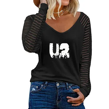 Мультяшная група U2 с графичен принтом, Дамски Ежедневни Свободна риза на райета, подарък за влюбени, Пролетно-есенна тениска с дълъг ръкав за жени, Femme