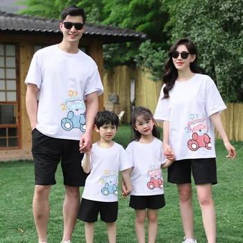 Корейски тениски за мама, дъщеря, Баща и син, Върхове с удоволствие мультфильмами, еднакви тениски за семейството, бебешко боди за момичета и момчета, памучни тениски за цялото семейство